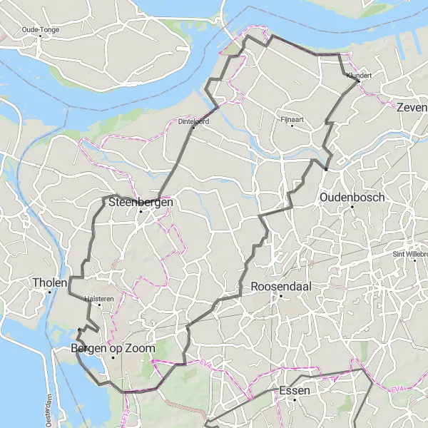 Map miniature of "Klundert to Oud Gastel Cycling Route" cycling inspiration in Noord-Brabant, Netherlands. Generated by Tarmacs.app cycling route planner