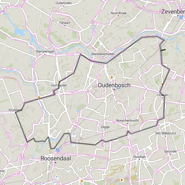 Miniatuurkaart van de fietsinspiratie "Kruisland en Roosendaal Kortere Route" in Noord-Brabant, Netherlands. Gemaakt door de Tarmacs.app fietsrouteplanner