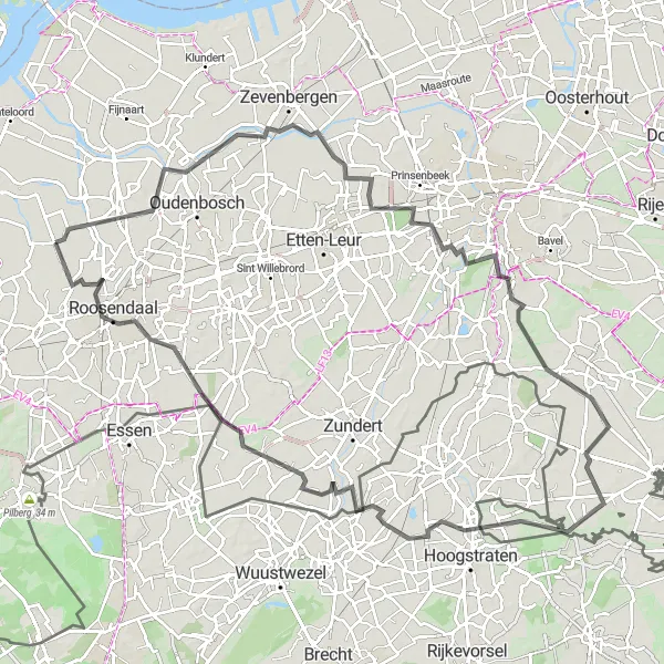 Miniatuurkaart van de fietsinspiratie "Kruisland en Roosendaal Fietsroute" in Noord-Brabant, Netherlands. Gemaakt door de Tarmacs.app fietsrouteplanner