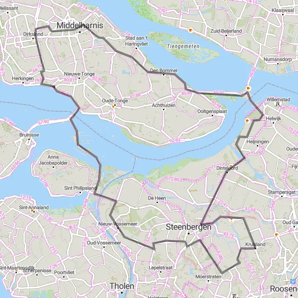 Map miniature of "Welberg - Nieuw-Vossemeer - Krammersluizen - Middelharnis - Den Bommel - Caponnière Loop" cycling inspiration in Noord-Brabant, Netherlands. Generated by Tarmacs.app cycling route planner