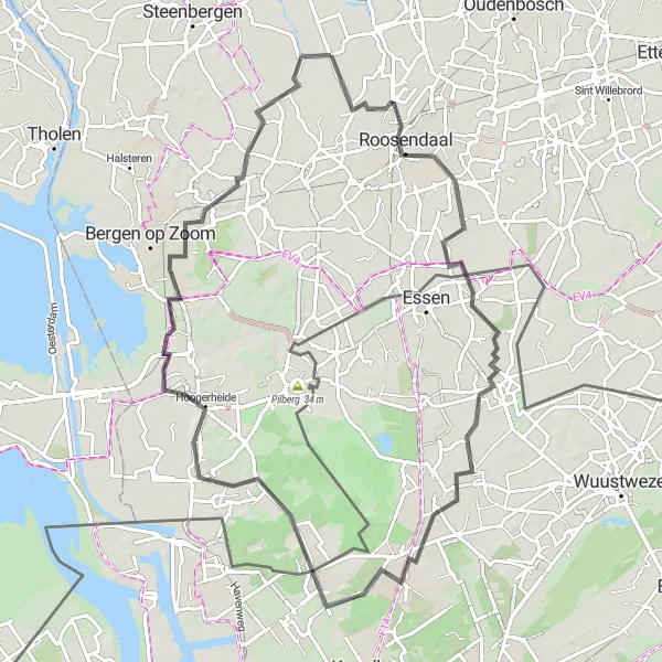 Map miniature of "Roosendaal - Kalmthout - Ossendrecht Circuit" cycling inspiration in Noord-Brabant, Netherlands. Generated by Tarmacs.app cycling route planner