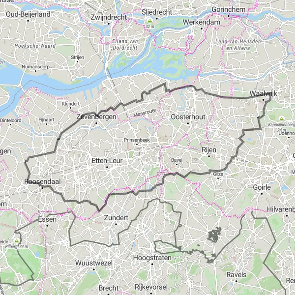 Map miniature of "Roosendaal Recreational Ride" cycling inspiration in Noord-Brabant, Netherlands. Generated by Tarmacs.app cycling route planner