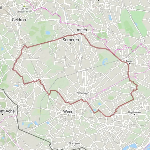 Map miniature of "Leende to Roeven Gravel Route" cycling inspiration in Noord-Brabant, Netherlands. Generated by Tarmacs.app cycling route planner