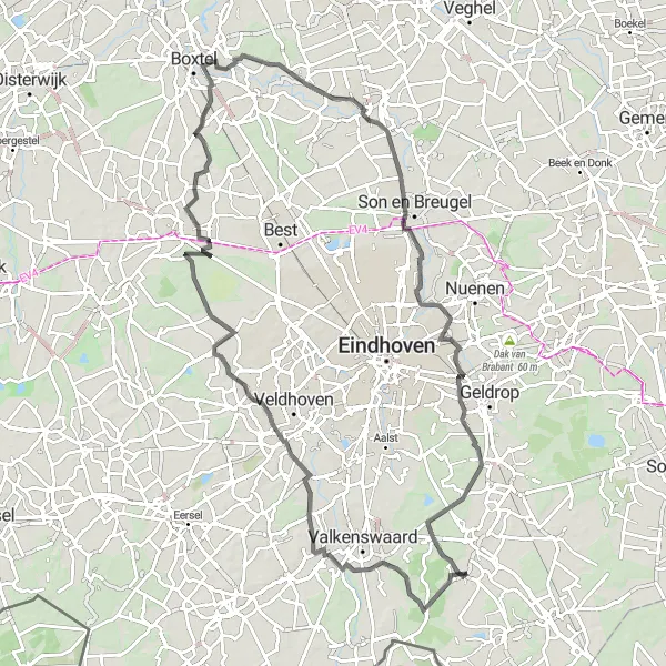 Map miniature of "Leenderstrijp to 't Coll Road Route" cycling inspiration in Noord-Brabant, Netherlands. Generated by Tarmacs.app cycling route planner