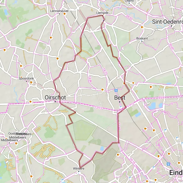 Map miniature of "Gravel Experience: Liempde - Oirschot - Vrilkhoven" cycling inspiration in Noord-Brabant, Netherlands. Generated by Tarmacs.app cycling route planner