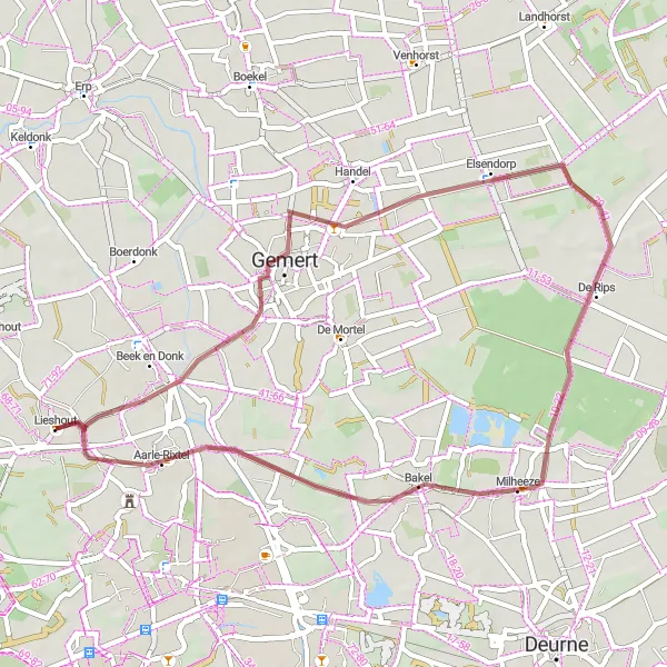 Miniatuurkaart van de fietsinspiratie "Gravelroute De Rips en Aarle-Rixtel" in Noord-Brabant, Netherlands. Gemaakt door de Tarmacs.app fietsrouteplanner
