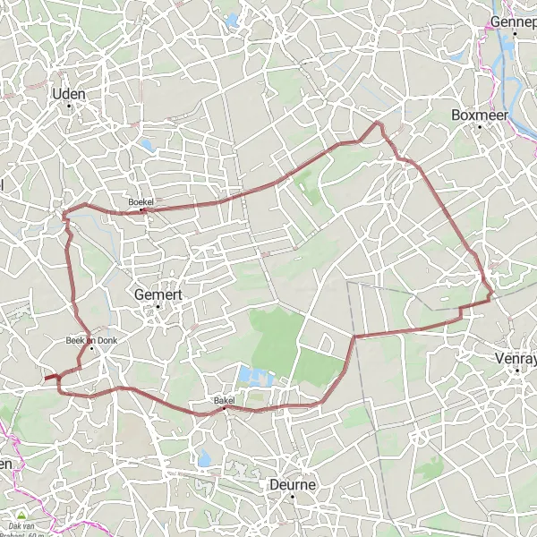 Miniatuurkaart van de fietsinspiratie "Avontuurlijke gravelroute van Rijkerbeek naar Aarle-Rixtel" in Noord-Brabant, Netherlands. Gemaakt door de Tarmacs.app fietsrouteplanner