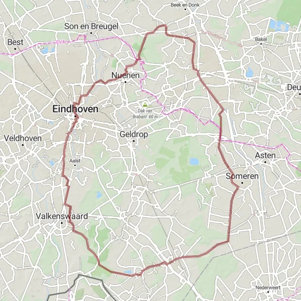 Map miniature of "Challenging Gravel Adventure from Lieshout" cycling inspiration in Noord-Brabant, Netherlands. Generated by Tarmacs.app cycling route planner