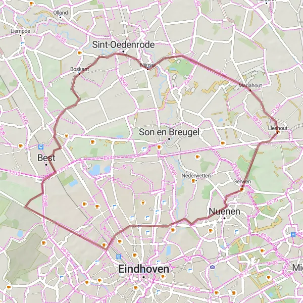 Miniatuurkaart van de fietsinspiratie "Gravelroute naar Nijnsel en Mariahout" in Noord-Brabant, Netherlands. Gemaakt door de Tarmacs.app fietsrouteplanner