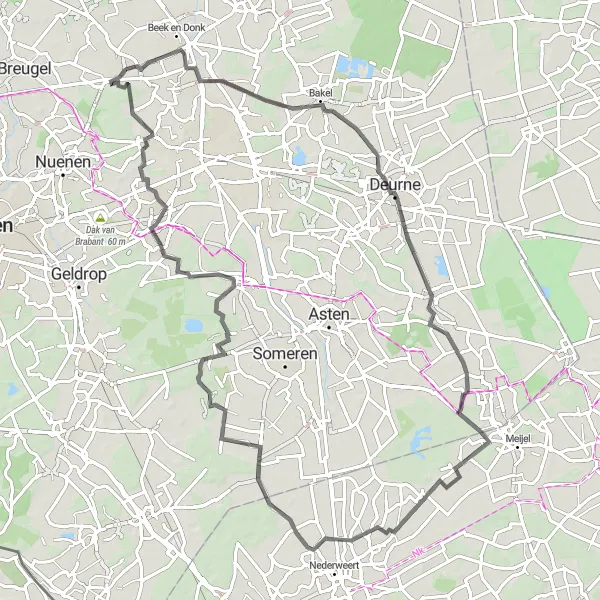 Map miniature of "Scenic Road Cycling Loop near Lieshout" cycling inspiration in Noord-Brabant, Netherlands. Generated by Tarmacs.app cycling route planner
