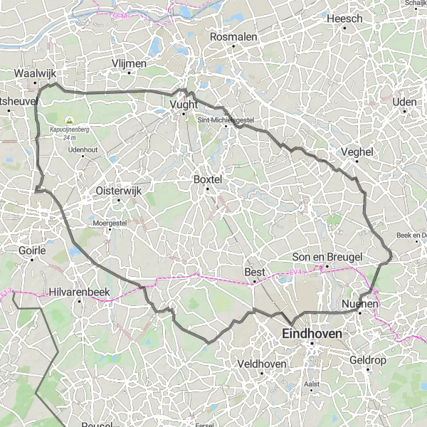 Miniatuurkaart van de fietsinspiratie "Tour van Lieshout naar verschillende Brabantse dorpen" in Noord-Brabant, Netherlands. Gemaakt door de Tarmacs.app fietsrouteplanner