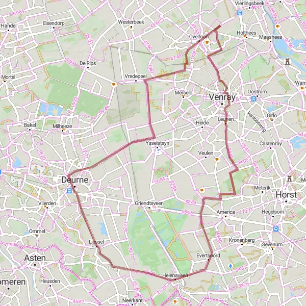 Miniatuurkaart van de fietsinspiratie "Ontdek Overloon en Helenaveen per fiets" in Noord-Brabant, Netherlands. Gemaakt door de Tarmacs.app fietsrouteplanner