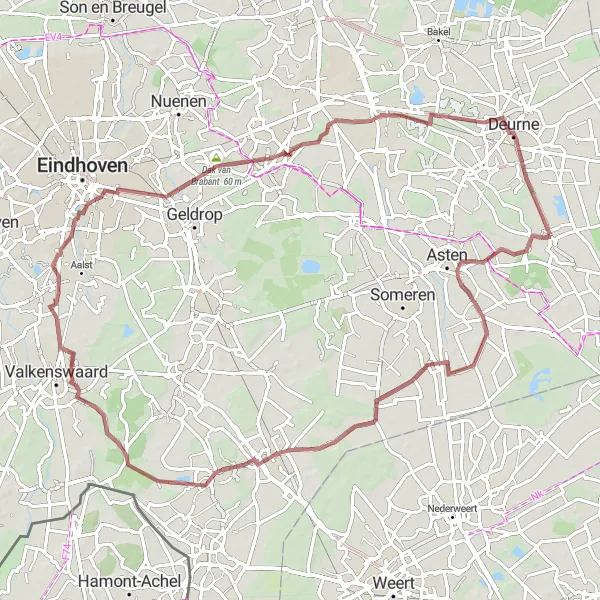 Miniatuurkaart van de fietsinspiratie "Gravelroute via Soerendonk" in Noord-Brabant, Netherlands. Gemaakt door de Tarmacs.app fietsrouteplanner