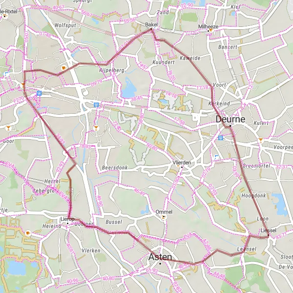 Map miniature of "Hidden Gems of Asten and Bakel" cycling inspiration in Noord-Brabant, Netherlands. Generated by Tarmacs.app cycling route planner