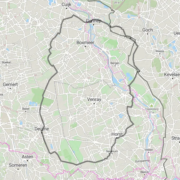 Miniatuurkaart van de fietsinspiratie "Wegroute door Noord-Brabant" in Noord-Brabant, Netherlands. Gemaakt door de Tarmacs.app fietsrouteplanner