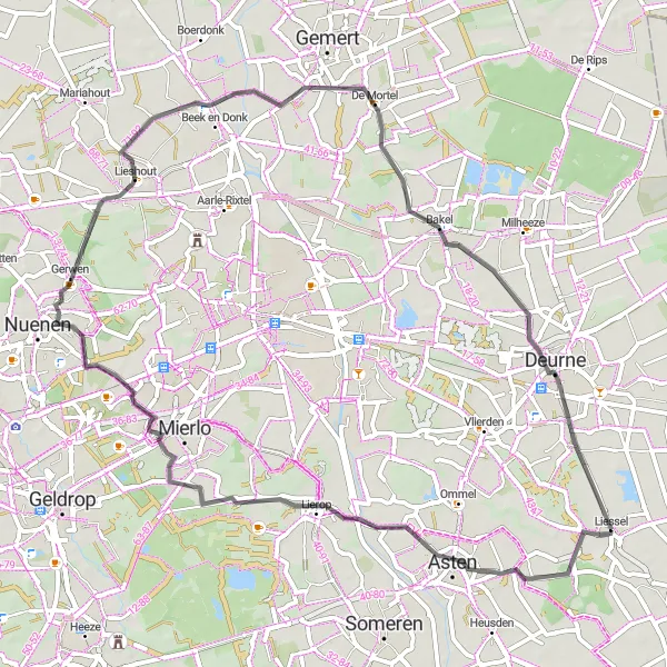 Map miniature of "Liessel and Back" cycling inspiration in Noord-Brabant, Netherlands. Generated by Tarmacs.app cycling route planner
