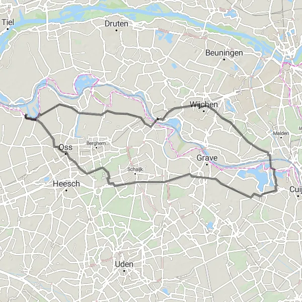 Map miniature of "The Wijchen Loop" cycling inspiration in Noord-Brabant, Netherlands. Generated by Tarmacs.app cycling route planner
