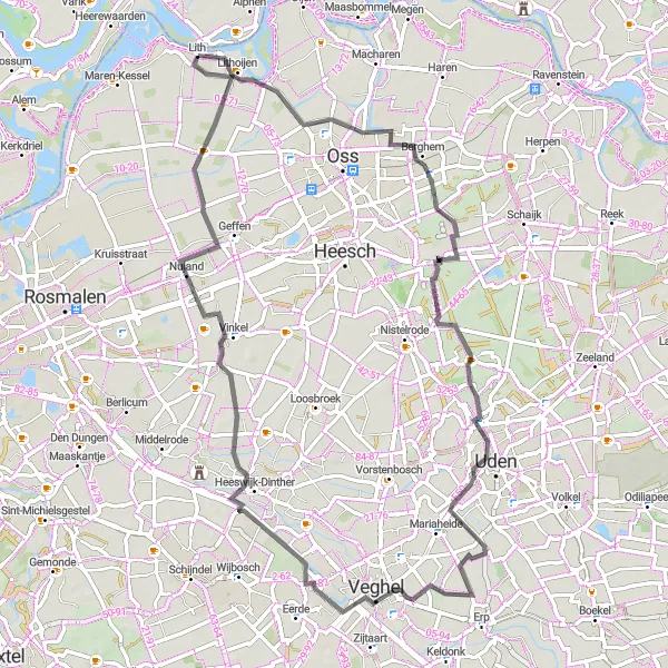 Map miniature of "The Lithoijen Loop" cycling inspiration in Noord-Brabant, Netherlands. Generated by Tarmacs.app cycling route planner