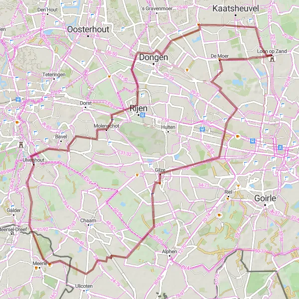 Miniatuurkaart van de fietsinspiratie "Gravelroute naar Meerle en Rijen" in Noord-Brabant, Netherlands. Gemaakt door de Tarmacs.app fietsrouteplanner