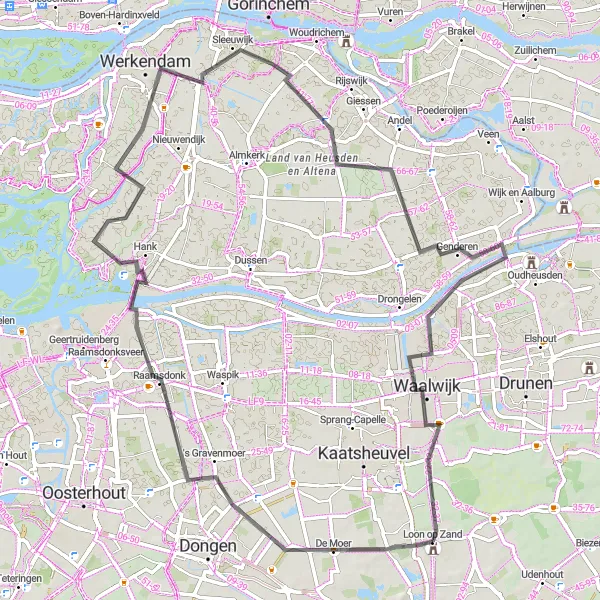 Map miniature of "Raamsdonk to Waalwijk Loop" cycling inspiration in Noord-Brabant, Netherlands. Generated by Tarmacs.app cycling route planner