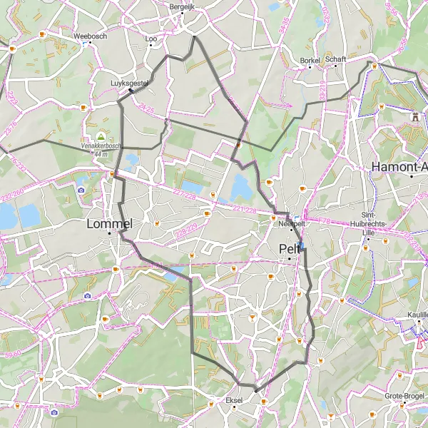 Map miniature of "Road Ride to Sengelsbroek, Neerpelt, Lommel, and GlazenHuis" cycling inspiration in Noord-Brabant, Netherlands. Generated by Tarmacs.app cycling route planner
