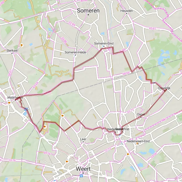 Map miniature of "Someren-Eind Gravel Loop" cycling inspiration in Noord-Brabant, Netherlands. Generated by Tarmacs.app cycling route planner