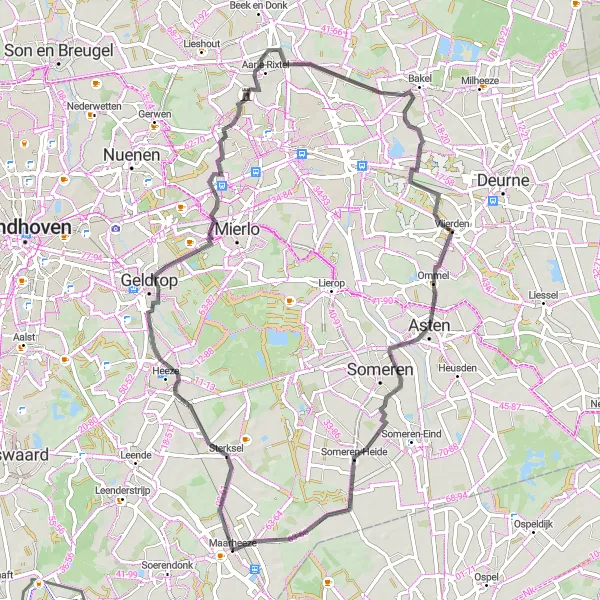 Map miniature of "Ginderover Loop" cycling inspiration in Noord-Brabant, Netherlands. Generated by Tarmacs.app cycling route planner