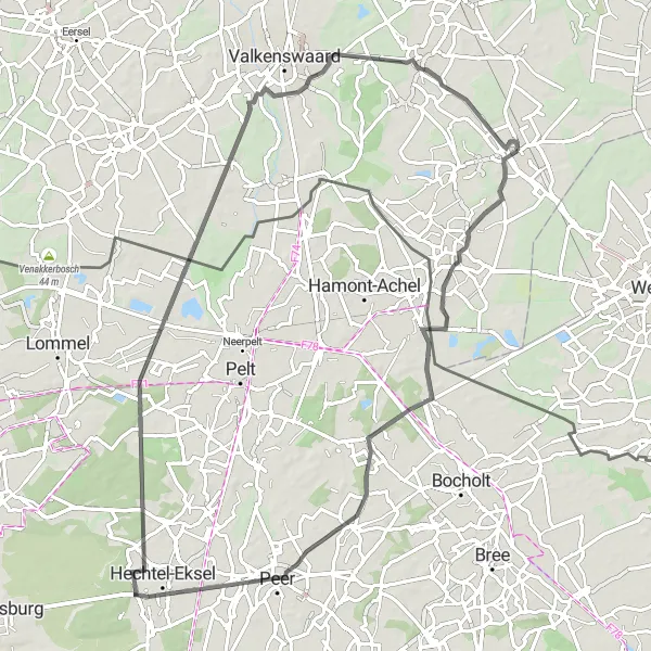 Miniatuurkaart van de fietsinspiratie "Wegroute via Peer naar Barrier" in Noord-Brabant, Netherlands. Gemaakt door de Tarmacs.app fietsrouteplanner