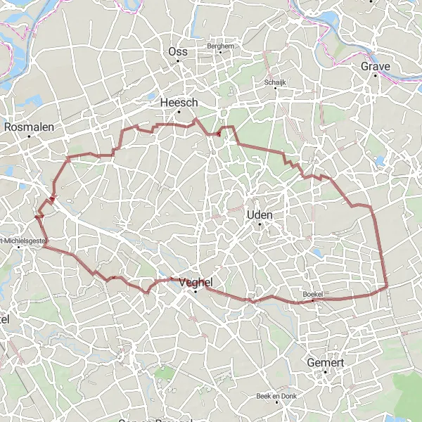 Map miniature of "Vinkel and Rijkerbeek Gravel Cycling Route" cycling inspiration in Noord-Brabant, Netherlands. Generated by Tarmacs.app cycling route planner
