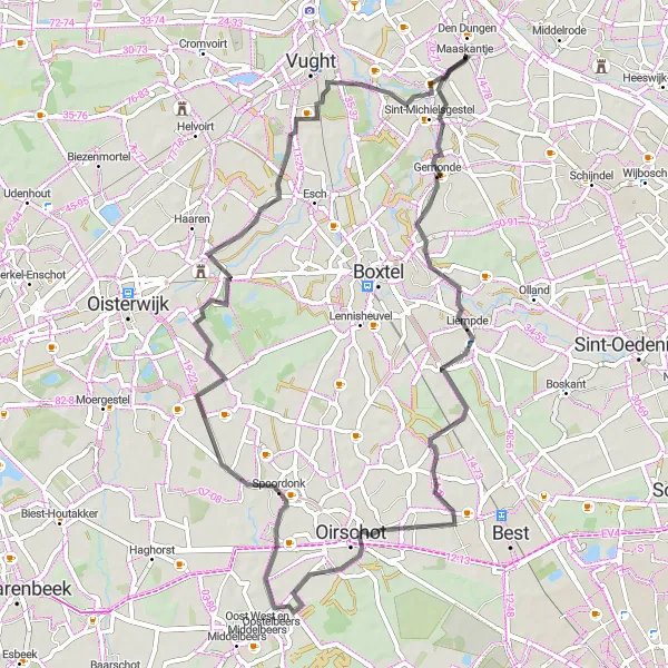 Map miniature of "Liempde and Spoordonk Road Cycling Route" cycling inspiration in Noord-Brabant, Netherlands. Generated by Tarmacs.app cycling route planner