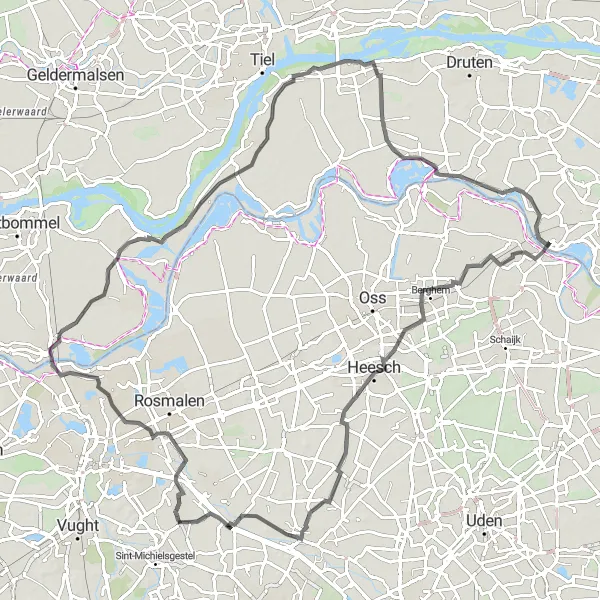 Map miniature of "Road Route to Poeldonk, Velddriel, Uitkijktoren, Wamel, Appeltern, Duurendseind, Berkt, and Hoek" cycling inspiration in Noord-Brabant, Netherlands. Generated by Tarmacs.app cycling route planner