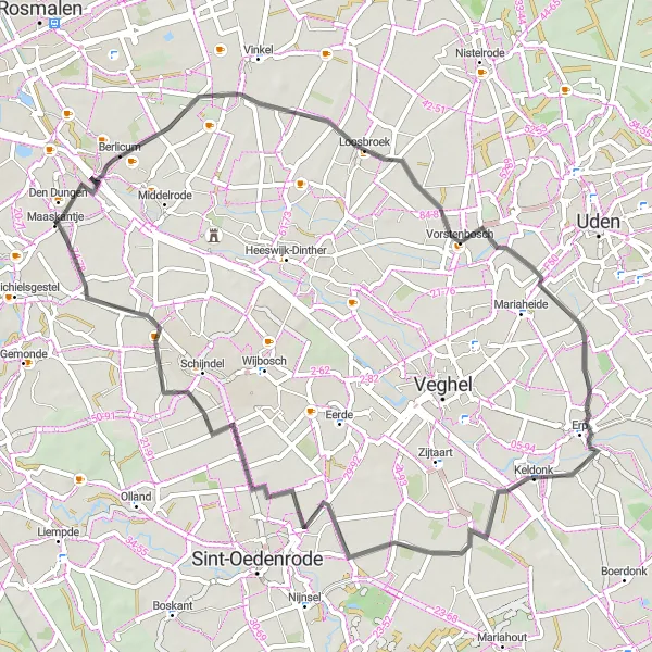 Map miniature of "Berlicum and Keldonk Road Cycling Route" cycling inspiration in Noord-Brabant, Netherlands. Generated by Tarmacs.app cycling route planner