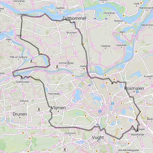 Map miniature of "Road Route to Plein, Woeste Stilte, Loonse turfvaart, Kasteel Heusden, Zuilichem, Empel, and Poeldonk" cycling inspiration in Noord-Brabant, Netherlands. Generated by Tarmacs.app cycling route planner