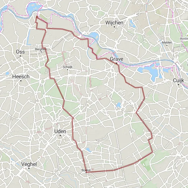 Miniatuurkaart van de fietsinspiratie "Gravelroute van Megen naar Ravenstein en terug" in Noord-Brabant, Netherlands. Gemaakt door de Tarmacs.app fietsrouteplanner