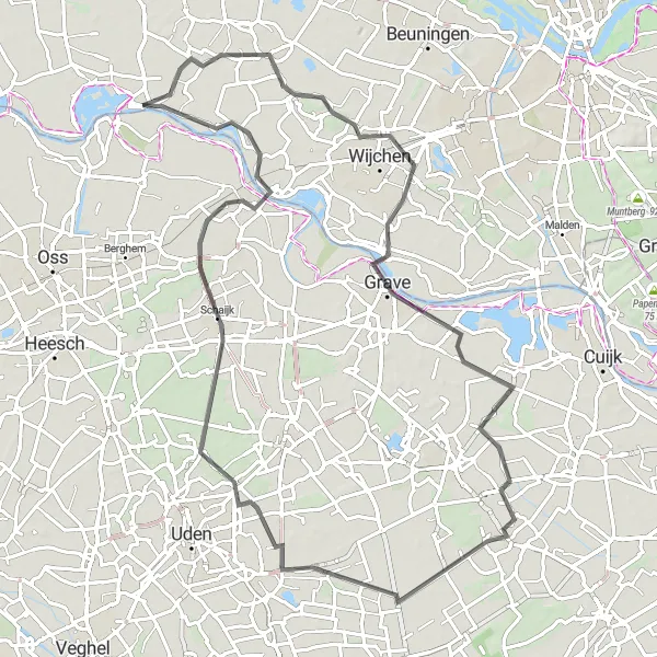 Miniatuurkaart van de fietsinspiratie "Uitdagende tocht langs Bergharen, Alverna, Wanroij, Watch tower Herperduin en Batenburg" in Noord-Brabant, Netherlands. Gemaakt door de Tarmacs.app fietsrouteplanner