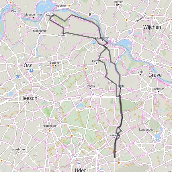 Miniatuurkaart van de fietsinspiratie "Fietsroute rond Megen via Reek, Oventje, Ravenstein en Megen" in Noord-Brabant, Netherlands. Gemaakt door de Tarmacs.app fietsrouteplanner