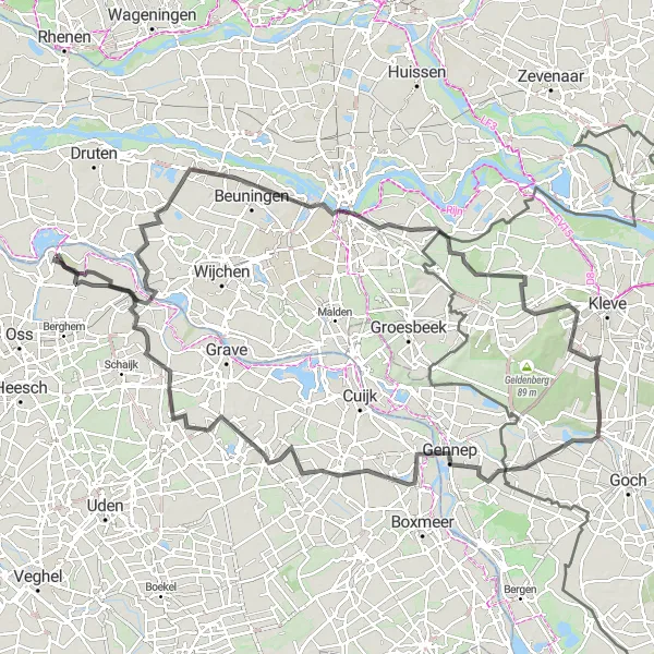 Miniatuurkaart van de fietsinspiratie "Langs Niftrik, Beuningen, Hundisberg, Nütterden, Maselberg, Hommersum, Haps, Reek en Ravenstein" in Noord-Brabant, Netherlands. Gemaakt door de Tarmacs.app fietsrouteplanner