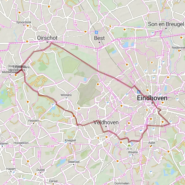 Map miniature of "Countryside Exploration: Middelbeers to Oostelbeers Gravel Route" cycling inspiration in Noord-Brabant, Netherlands. Generated by Tarmacs.app cycling route planner