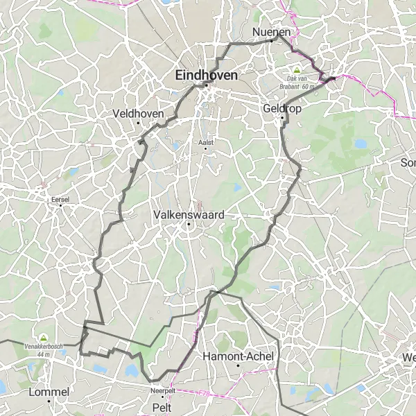 Map miniature of "Scenic Road Cycling Route from Mierlo to Bergeijk" cycling inspiration in Noord-Brabant, Netherlands. Generated by Tarmacs.app cycling route planner