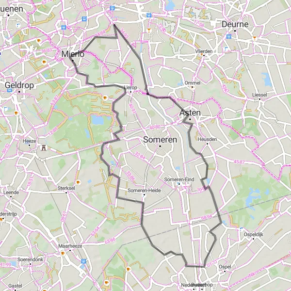 Miniatuurkaart van de fietsinspiratie "Mierlo naar Asten fietsroute" in Noord-Brabant, Netherlands. Gemaakt door de Tarmacs.app fietsrouteplanner