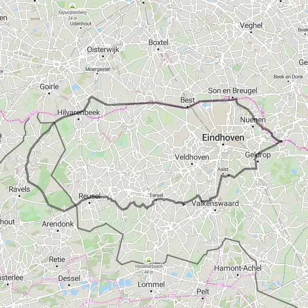 Map miniature of "Challenging Road Cycling Loop from Mierlo to Hooidonk" cycling inspiration in Noord-Brabant, Netherlands. Generated by Tarmacs.app cycling route planner