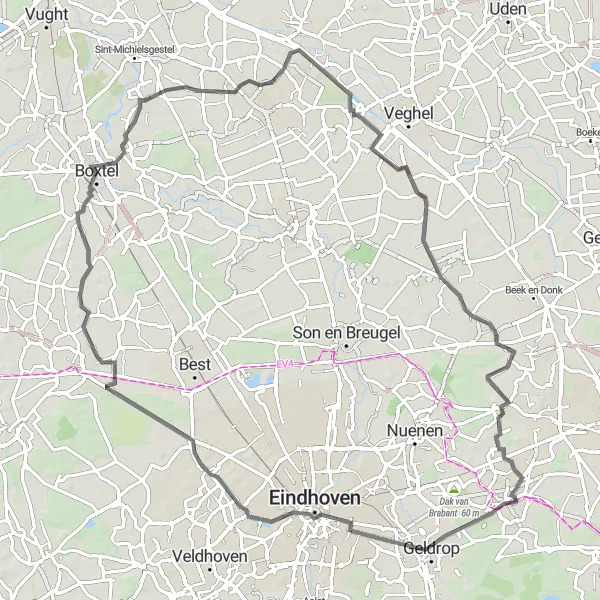 Map miniature of "Relaxing Road Cycling Route from Mierlo to Belvedère" cycling inspiration in Noord-Brabant, Netherlands. Generated by Tarmacs.app cycling route planner