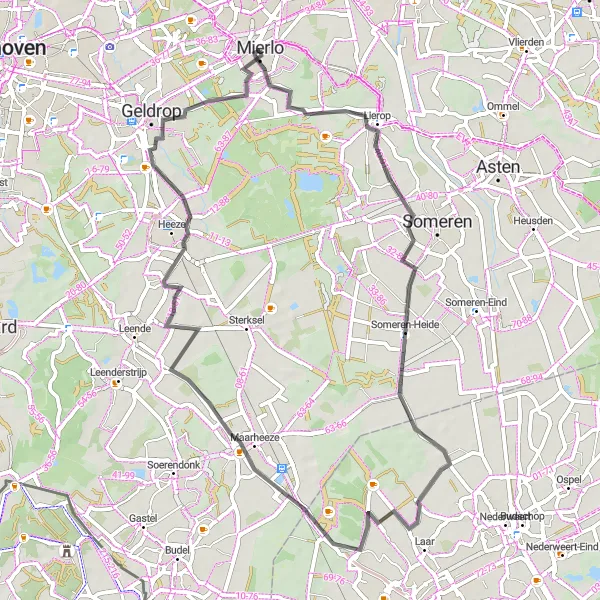 Map miniature of "Road Cycling Bliss: Exploring Mierlo's Surroundings" cycling inspiration in Noord-Brabant, Netherlands. Generated by Tarmacs.app cycling route planner