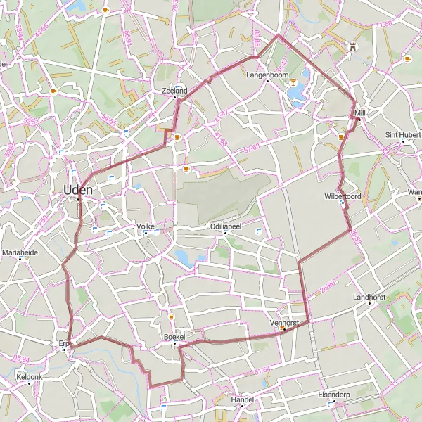 Map miniature of "Wilbertoord and Uden Gravel Loop" cycling inspiration in Noord-Brabant, Netherlands. Generated by Tarmacs.app cycling route planner