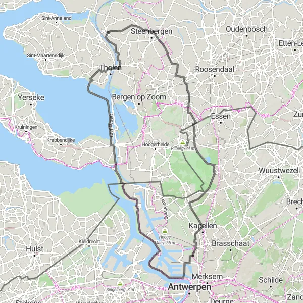 Map miniature of "Wouw Exploration" cycling inspiration in Noord-Brabant, Netherlands. Generated by Tarmacs.app cycling route planner