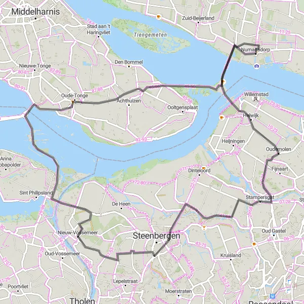 Map miniature of "Numansdorp Loop" cycling inspiration in Noord-Brabant, Netherlands. Generated by Tarmacs.app cycling route planner