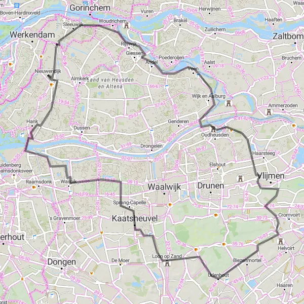 Map miniature of "The Winding Waters of Noord-Brabant" cycling inspiration in Noord-Brabant, Netherlands. Generated by Tarmacs.app cycling route planner