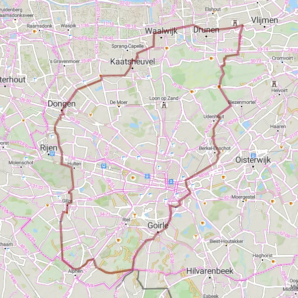 Miniatuurkaart van de fietsinspiratie "Gravelroute door Gilze en Kaatsheuvel" in Noord-Brabant, Netherlands. Gemaakt door de Tarmacs.app fietsrouteplanner