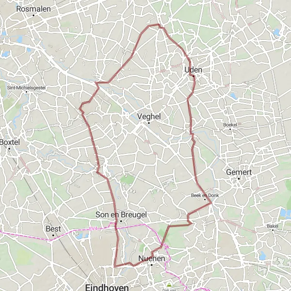 Map miniature of "Discover Nistelrode's Gravel Trails" cycling inspiration in Noord-Brabant, Netherlands. Generated by Tarmacs.app cycling route planner