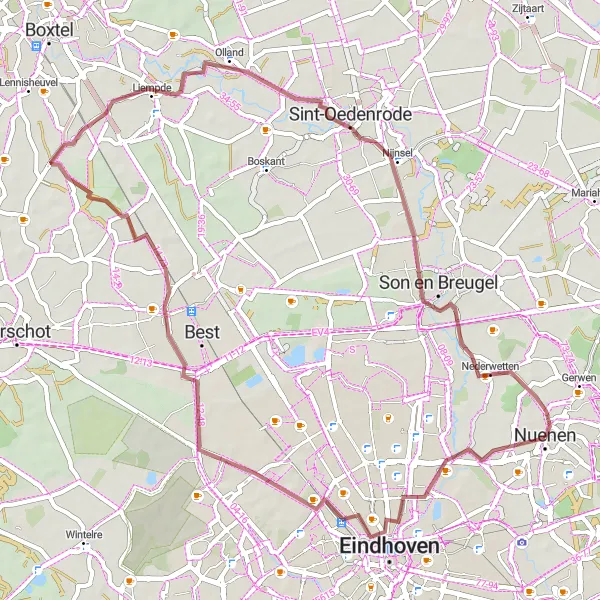 Map miniature of "Nuenen - Sint-Oedenrode - Nuenen (Gravel)" cycling inspiration in Noord-Brabant, Netherlands. Generated by Tarmacs.app cycling route planner